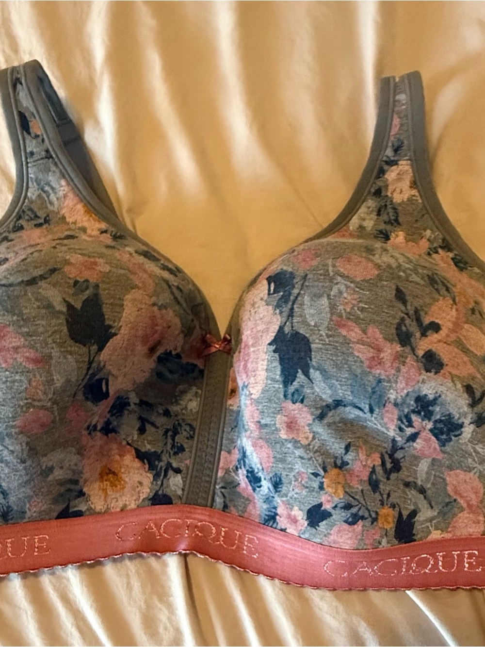 Cacique Gray Floral Bra with Pink Trim